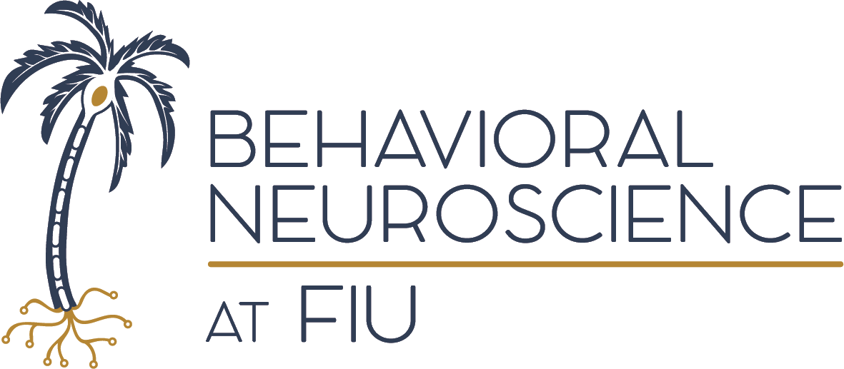Behavioral Neuroscience at FIU "NeuroPalm" logo signifying neuroscience in Miami: a coco-palm that is also a neuron. Dendrites are on the palm fronds, cell body is the coconut, myelinated axon is the trunk, axon terminals are shallow roots